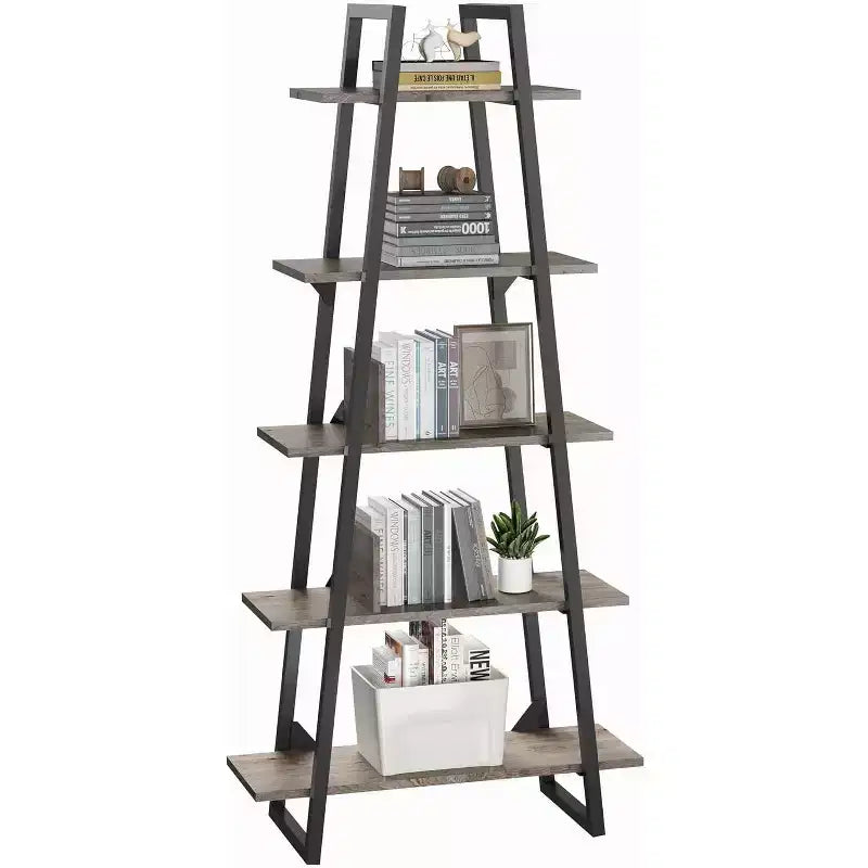 Étagère bibliothèque trapézoïdale à 5 niveaux, étagère de rangement verticale avec supports métalliques, étagère ouverte rustique, pour salon, bureau, cuisine