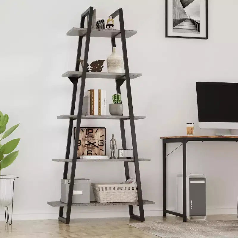Étagère bibliothèque trapézoïdale à 5 niveaux, étagère de rangement verticale avec supports métalliques, étagère ouverte rustique, pour salon, bureau, cuisine