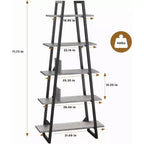 Étagère bibliothèque trapézoïdale à 5 niveaux, étagère de rangement verticale avec supports métalliques, étagère ouverte rustique, pour salon, bureau, cuisine
