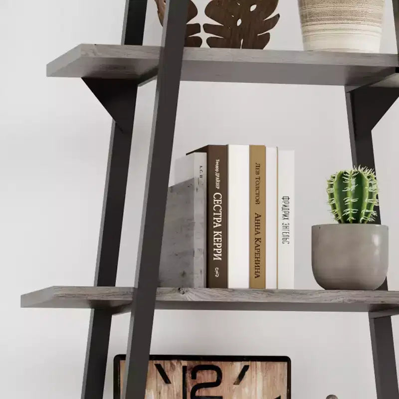 Étagère bibliothèque trapézoïdale à 5 niveaux, étagère de rangement verticale avec supports métalliques, étagère ouverte rustique, pour salon, bureau, cuisine