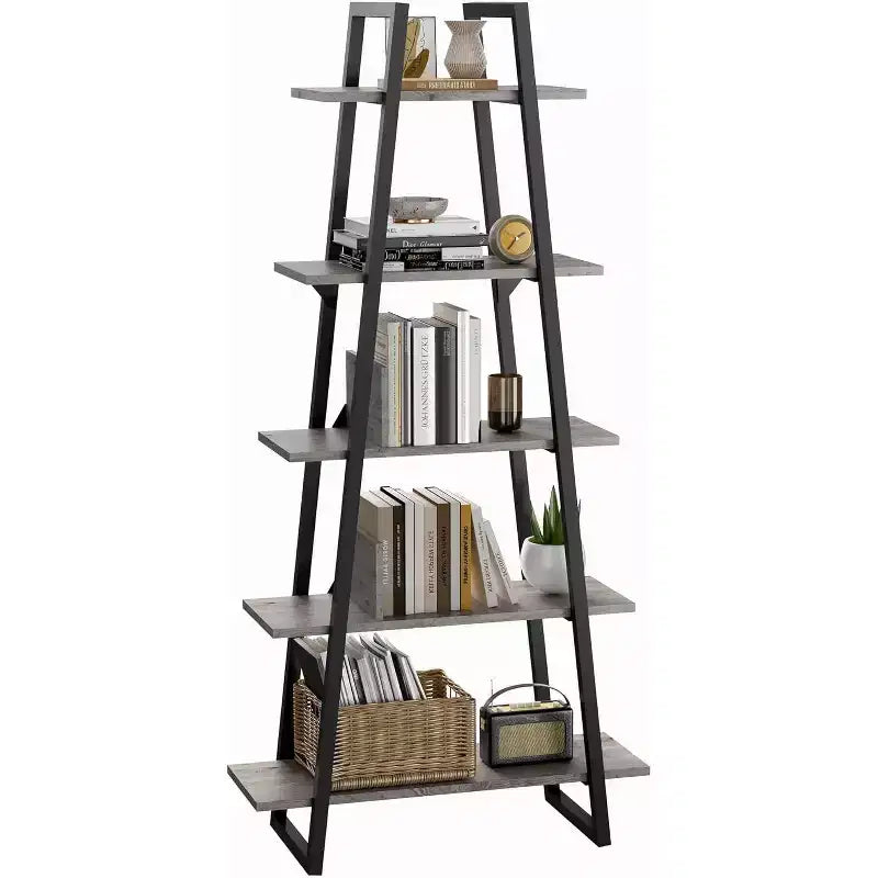 Étagère bibliothèque trapézoïdale à 5 niveaux, étagère de rangement verticale avec supports métalliques, étagère ouverte rustique, pour salon, bureau, cuisine