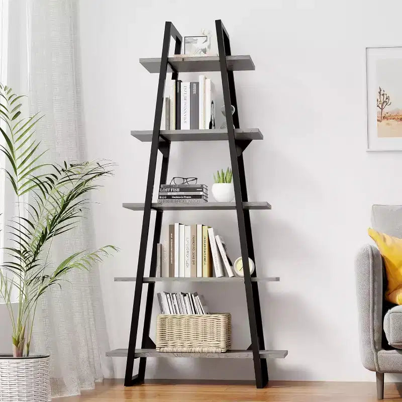 5-Shelf Trapezoidal Bookshelf,Vertical Display Shelf with Metal Supports,Open Rustic Bookshelf,Living Room,Office,Kitchen