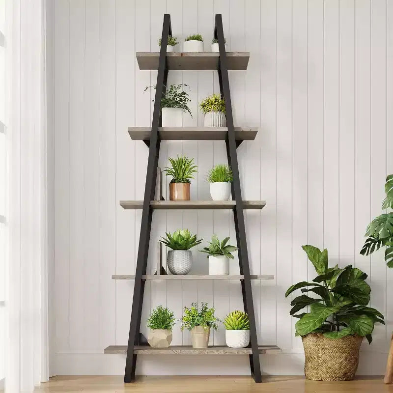 Étagère bibliothèque trapézoïdale à 5 niveaux, étagère de rangement verticale avec supports métalliques, étagère ouverte rustique, pour salon, bureau, cuisine