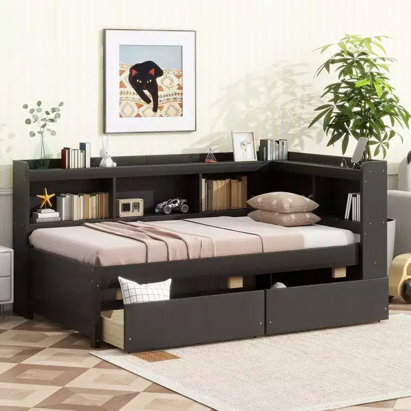 Lit simple en L avec bibliothèques, prises de courant, ports de chargement USB, deux tiroirs, expresso