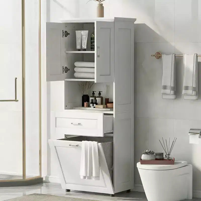 CASAINC Tall Bathroom Cabinet with Laundry Basket, Tilt-Out Hamper and Upper Storage