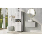 Meuble de salle de bain haut avec panier à linge, tiroir basculant et rangement supérieur