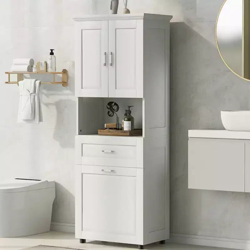 Meuble de salle de bain haut avec panier à linge, tiroir basculant et rangement supérieur