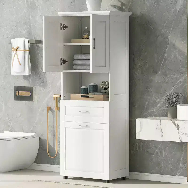 Meuble de salle de bain haut avec panier à linge, tiroir basculant et rangement supérieur