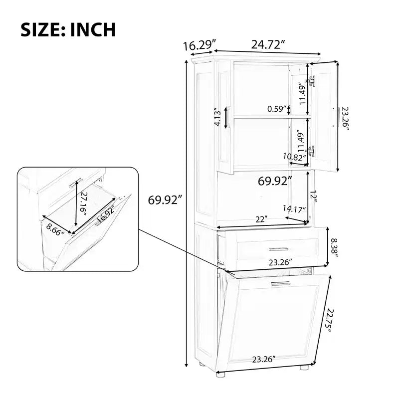 Meuble de salle de bain haut avec panier à linge, tiroir basculant et rangement supérieur