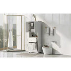 Meuble de salle de bain haut avec panier à linge, tiroir basculant et rangement supérieur