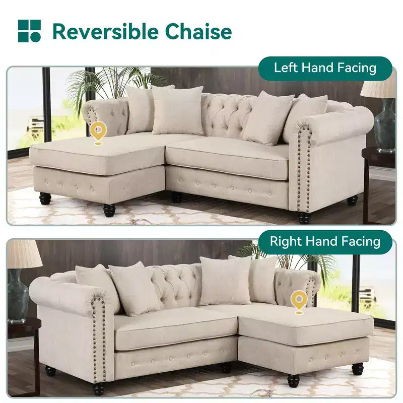 Canapé d'angle Chesterfield en forme de L, 3 places, pour salon, méridienne réversible, 4 oreillers, beige