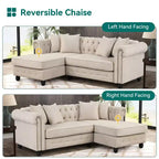 Canapé d'angle Chesterfield en forme de L, 3 places, pour salon, méridienne réversible, 4 oreillers, beige