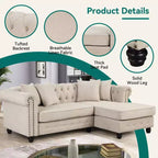 Canapé d'angle Chesterfield en forme de L, 3 places, pour salon, méridienne réversible, 4 oreillers, beige