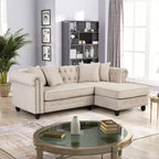Canapé d'angle Chesterfield en forme de L, 3 places, pour salon, méridienne réversible, 4 oreillers, beige