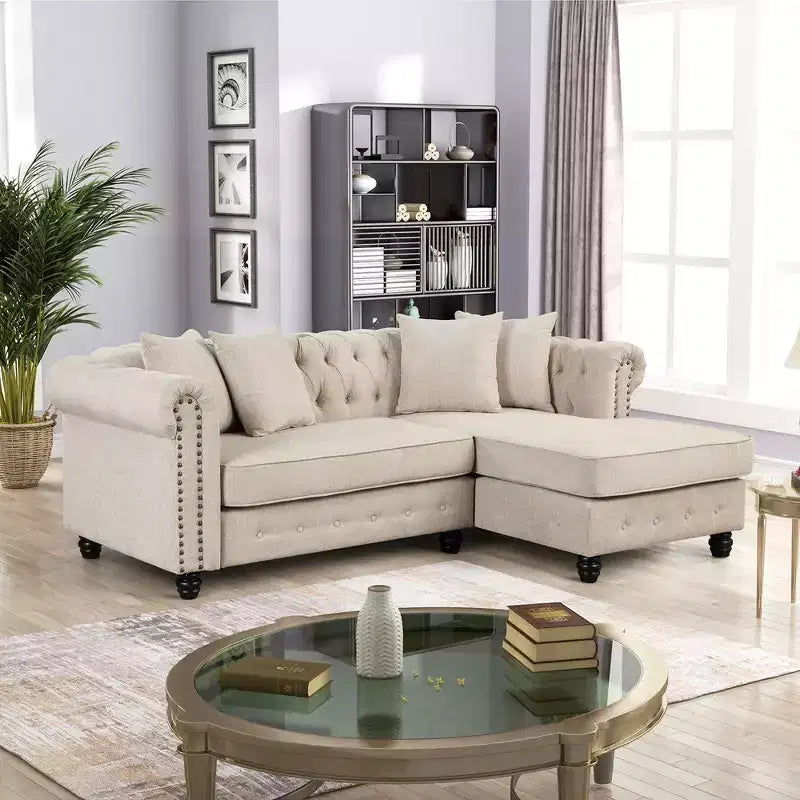 Canapé d'angle Chesterfield en forme de L, 3 places, pour salon, méridienne réversible, 4 oreillers, beige