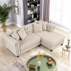 Canapé d'angle Chesterfield en forme de L, 3 places, pour salon, méridienne réversible, 4 oreillers, beige