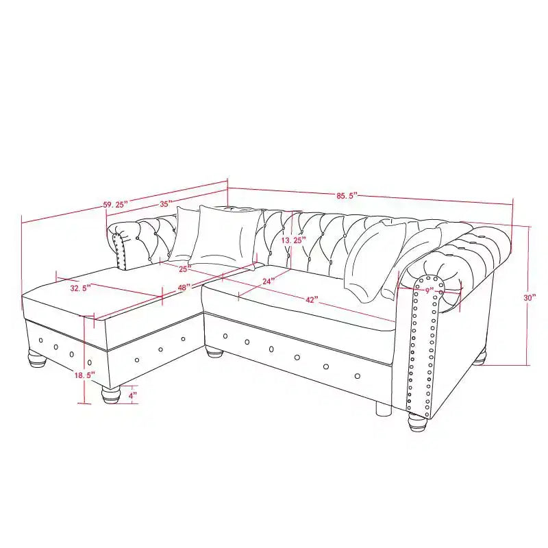 Canapé d'angle Chesterfield en forme de L, 3 places, pour salon, méridienne réversible, 4 oreillers, beige