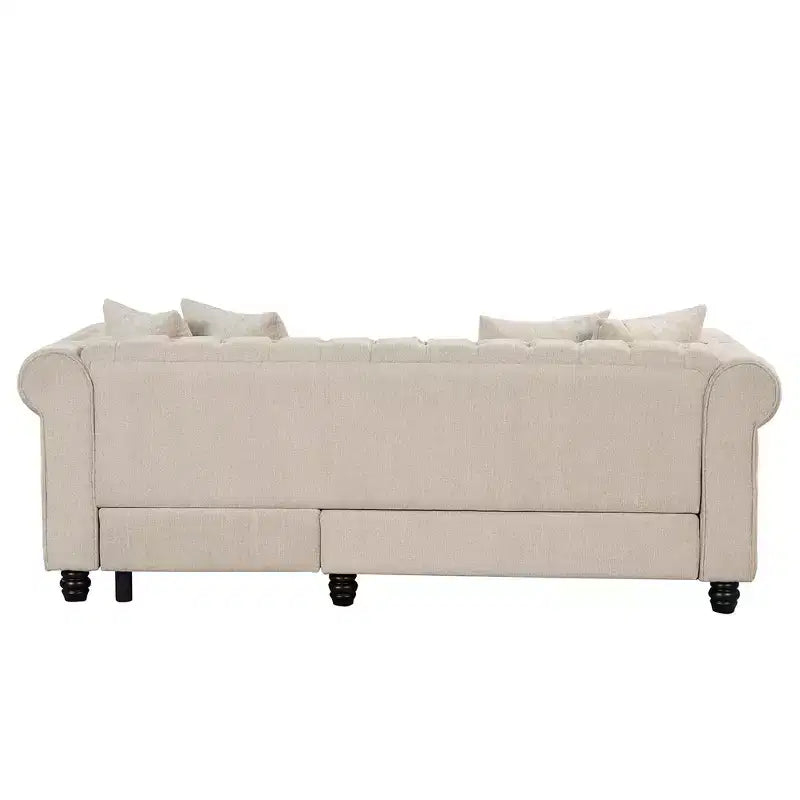 Canapé d'angle Chesterfield en forme de L, 3 places, pour salon, méridienne réversible, 4 oreillers, beige