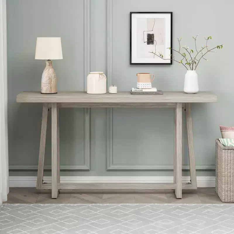 Console moderne en bois avec piètement trapèze, table d'entrée minimaliste pour bureau, couloir, salon