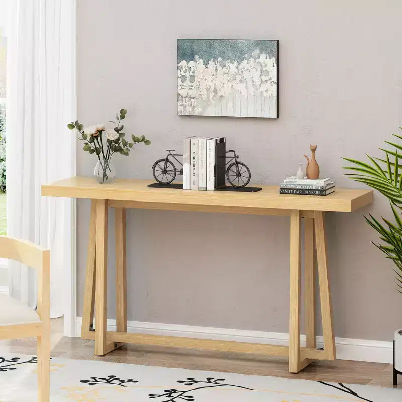 Console moderne en bois avec piètement trapèze, table d'entrée minimaliste pour bureau, couloir, salon