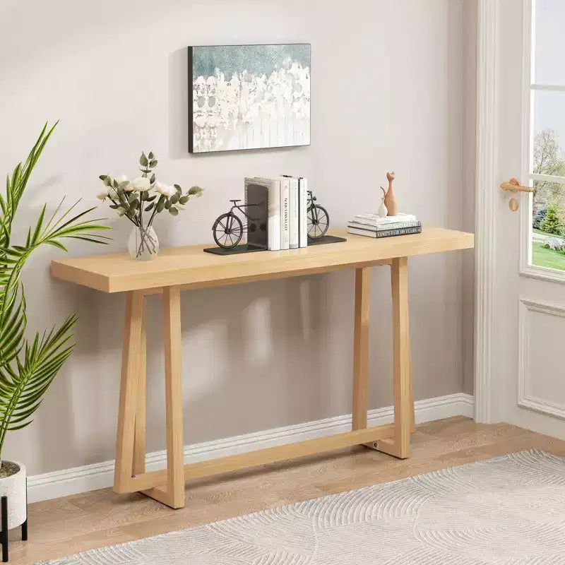 Console moderne en bois avec piètement trapèze, table d'entrée minimaliste pour bureau, couloir, salon