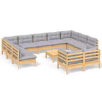 vidaXL Solid Pinewood Patio Lounge Set 12 Piece with Cushions Multi Colors - Brown and Gray