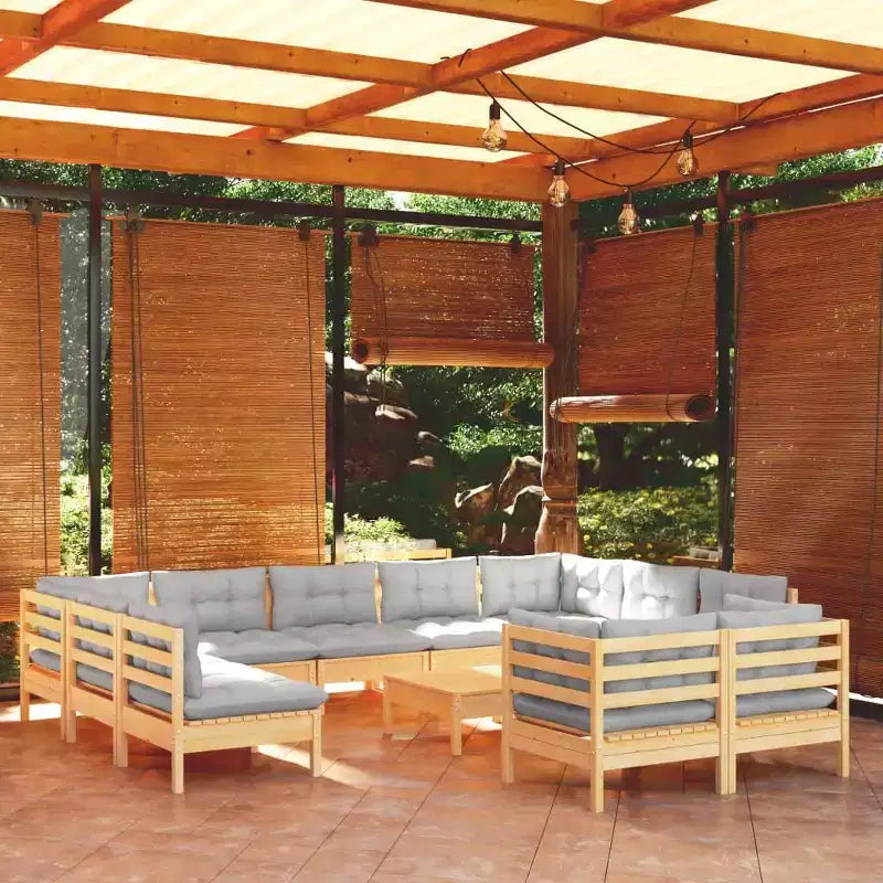 vidaXL Salon de jardin 12 pièces en pin massif avec coussins multicolores - Marron et gris