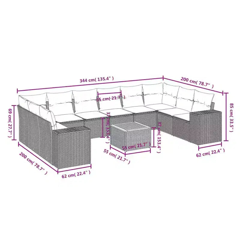 vidaXL Salon de jardin 11 pcs avec coussins résine tressée
