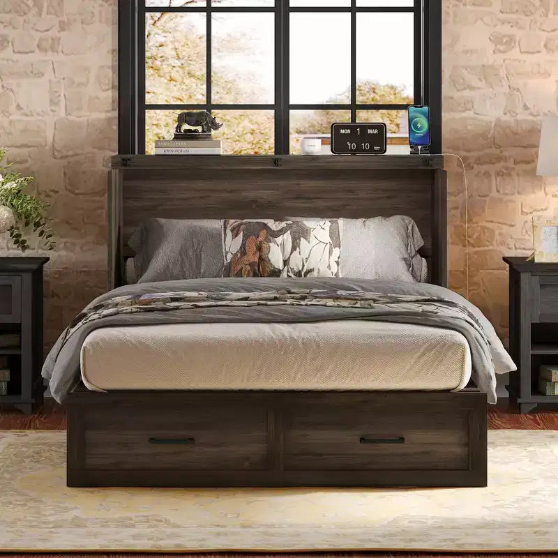 Cadre de lit escamotable de style ferme pleine grandeur, lit plateforme pliable avec grand tiroir de rangement