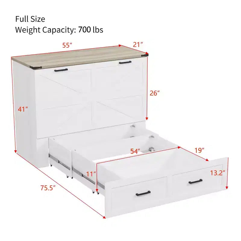Cadre de lit escamotable de style ferme pleine grandeur, lit plateforme pliable avec grand tiroir de rangement