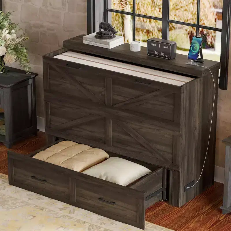 Cadre de lit escamotable de style ferme pleine grandeur, lit plateforme pliable avec grand tiroir de rangement