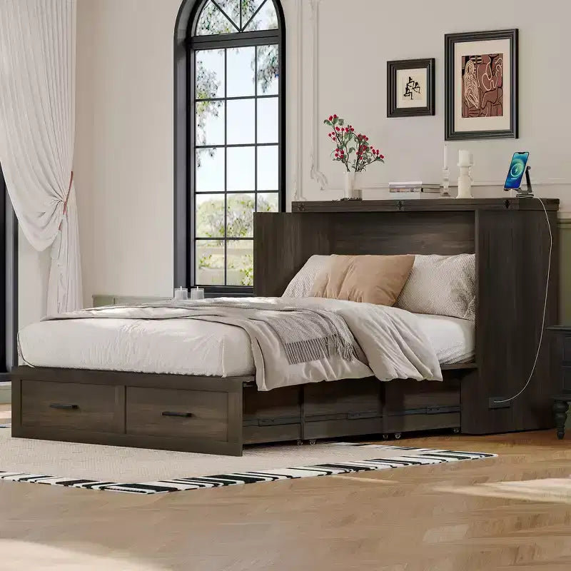 Whisen Full Size Farmhouse Murphy Cabinet Bed Frame, Foldable Platform Bed with Large Storage Drawer