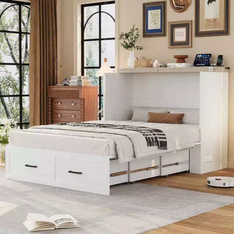 Cadre de lit escamotable de style ferme pleine grandeur, lit plateforme pliable avec grand tiroir de rangement