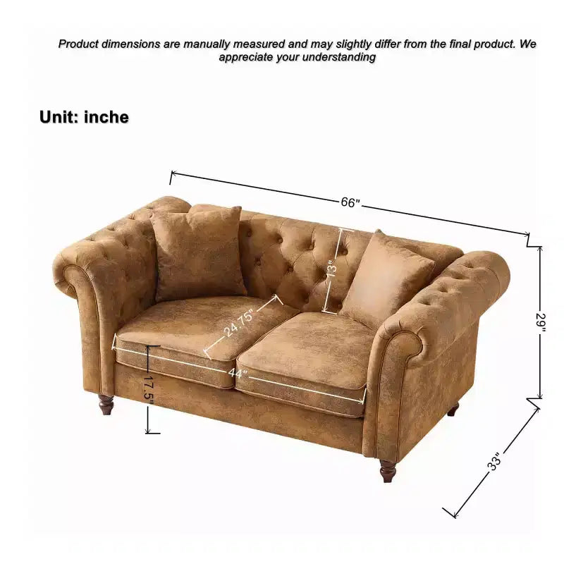 Canapé Chesterfield traditionnel 2 places avec accoudoirs roulés et cadre en bois, canapé d'appoint en cuir PU pour salon ou salle de séjour