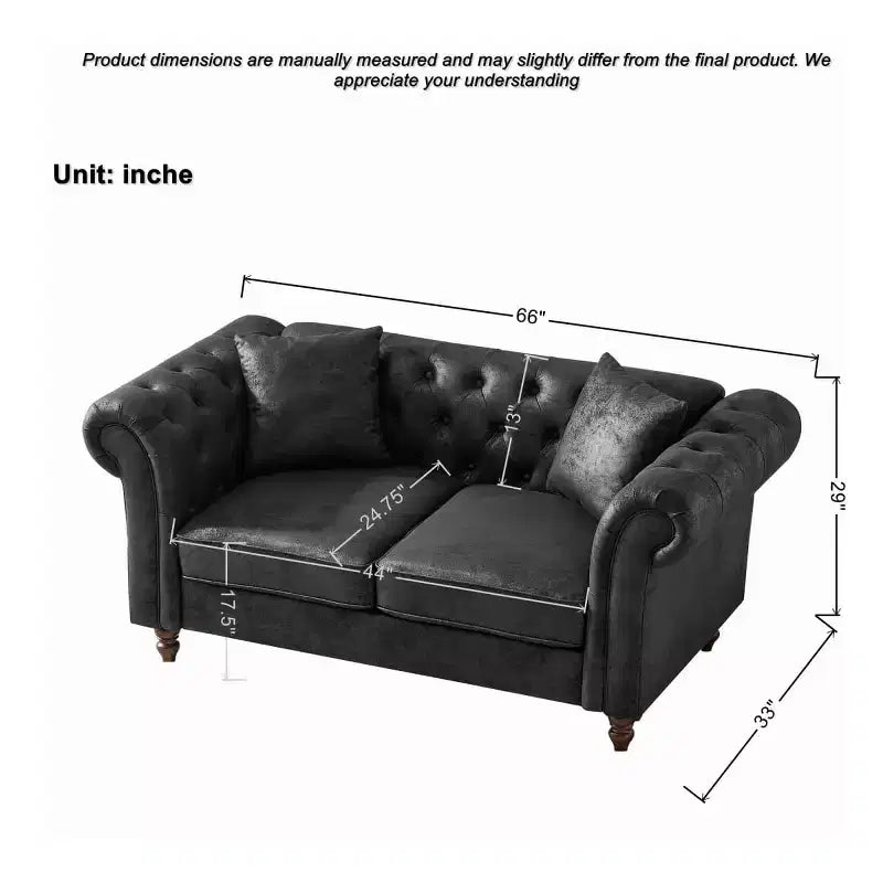Canapé Chesterfield traditionnel 2 places avec accoudoirs roulés et cadre en bois, canapé d'appoint en cuir PU pour salon ou salle de séjour