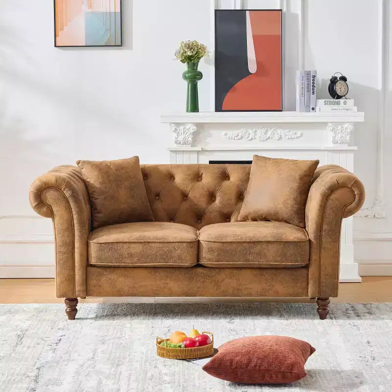 Canapé Chesterfield traditionnel 2 places avec accoudoirs roulés et cadre en bois, canapé d'appoint en cuir PU pour salon ou salle de séjour