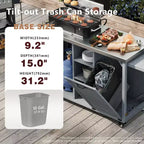 Îlot de cuisine d'extérieur avec tablette latérale pliable, Desserte de barbecue d'extérieur avec plateau en acier inoxydable, Poubelle dissimulée pour la pelouse et le jardin