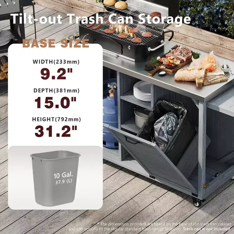 Îlot de cuisine d'extérieur avec tablette latérale pliable, Desserte de barbecue d'extérieur avec plateau en acier inoxydable, Poubelle dissimulée pour la pelouse et le jardin