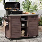 Îlot de cuisine d'extérieur avec tablette latérale pliable, Desserte de barbecue d'extérieur avec plateau en acier inoxydable, Poubelle dissimulée pour la pelouse et le jardin
