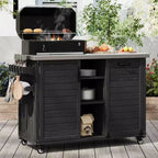 Îlot de cuisine d'extérieur avec tablette latérale pliable, Desserte de barbecue d'extérieur avec plateau en acier inoxydable, Poubelle dissimulée pour la pelouse et le jardin