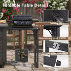 Îlot de cuisine d'extérieur avec tablette latérale pliable, Desserte de barbecue d'extérieur avec plateau en acier inoxydable, Poubelle dissimulée pour la pelouse et le jardin
