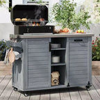 Îlot de cuisine d'extérieur avec tablette latérale pliable, Desserte de barbecue d'extérieur avec plateau en acier inoxydable, Poubelle dissimulée pour la pelouse et le jardin