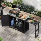 Îlot de cuisine d'extérieur avec tablette latérale pliable, Desserte de barbecue d'extérieur avec plateau en acier inoxydable, Poubelle dissimulée pour la pelouse et le jardin