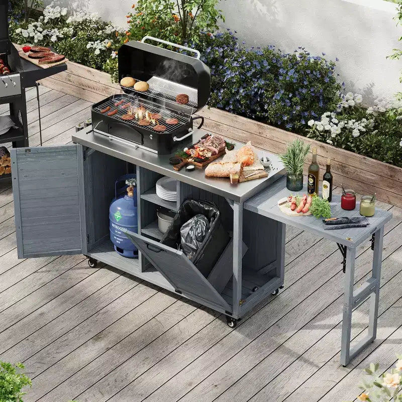 TUYOHW Outdoor Kitchen Island with Foldable Side Table,Outdoor Grill Cart with Stainless Steel Top,Hidden Trash Cabinet for Lawn & Garden