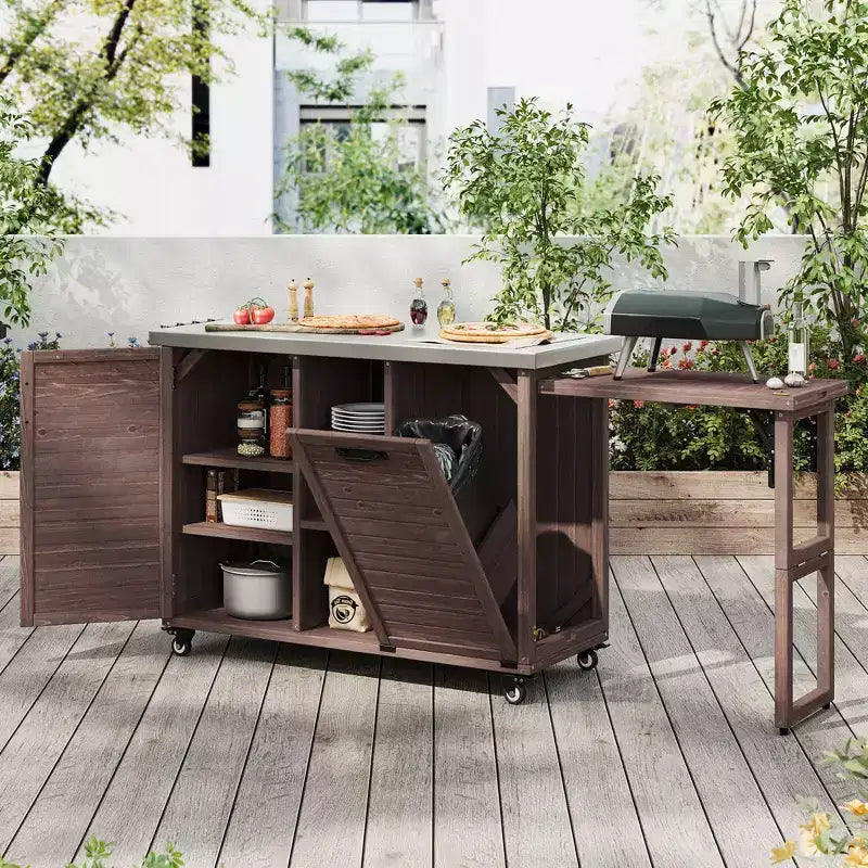 Îlot de cuisine d'extérieur avec tablette latérale pliable, Desserte de barbecue d'extérieur avec plateau en acier inoxydable, Poubelle dissimulée pour la pelouse et le jardin