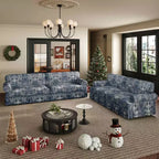 93.7 Canapé 4 places luxueusement confortable, en tissu chenille avec accoudoirs roulés et jupe plissée à motif floral bleu