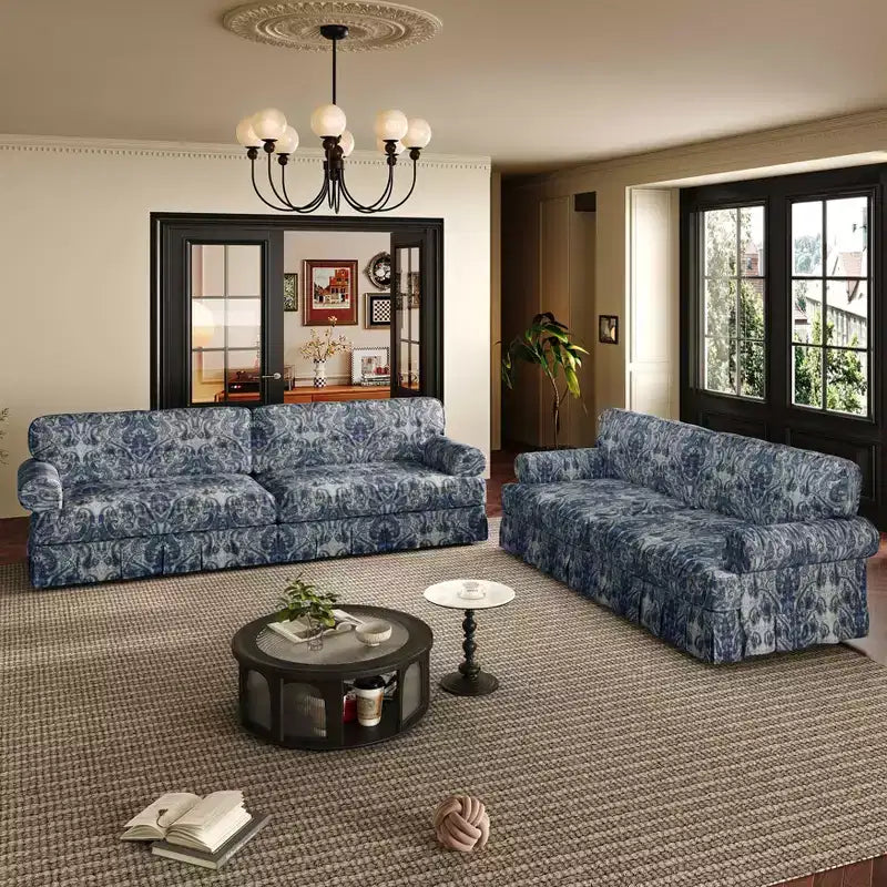 93.7 Canapé Nuage 4 places luxueusement confortable, en tissu chenille avec accoudoirs roulés et jupe plissée à motif floral bleu