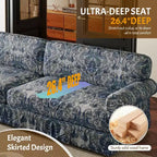 93.7 Canapé 4 places luxueusement confortable, en tissu chenille avec accoudoirs roulés et jupe plissée à motif floral bleu