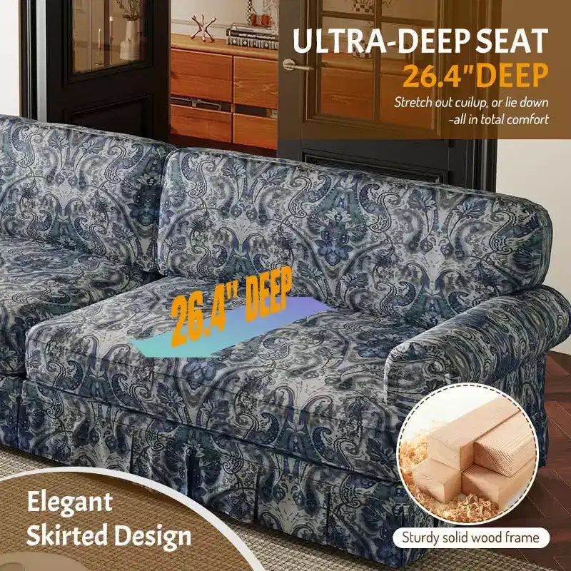 93.7 Canapé Nuage 4 places luxueusement confortable, en tissu chenille avec accoudoirs roulés et jupe plissée à motif floral bleu