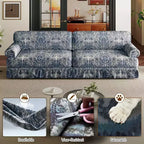 93.7 Canapé 4 places luxueusement confortable, en tissu chenille avec accoudoirs roulés et jupe plissée à motif floral bleu